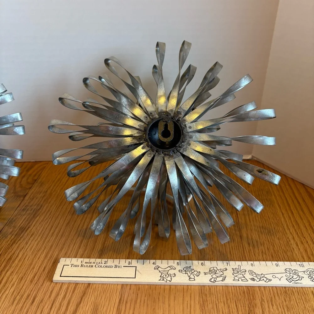 Industrial Modern Metal Wall Sculptures Pair Silver Burst Flower Art Decor 12” - Picture 8 of 12